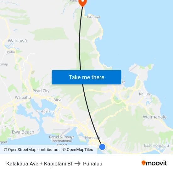Kalakaua Ave + Kapiolani Bl to Punaluu map
