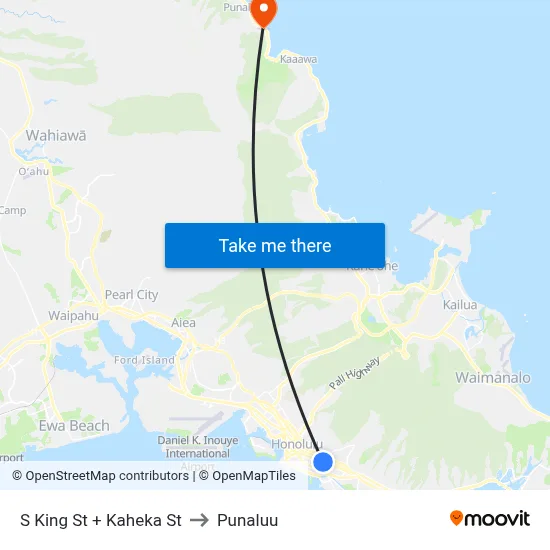 S King St + Kaheka St to Punaluu map