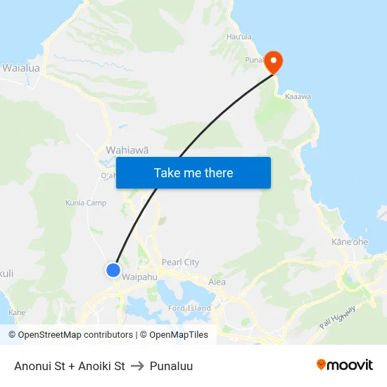 Anonui St + Anoiki St to Punaluu map