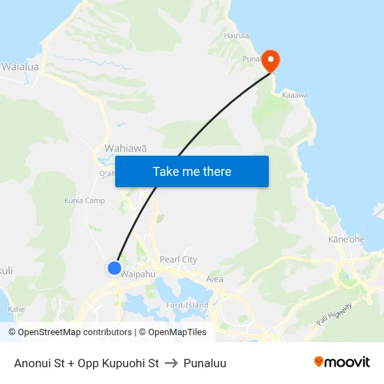 Anonui St + Opp Kupuohi St to Punaluu map