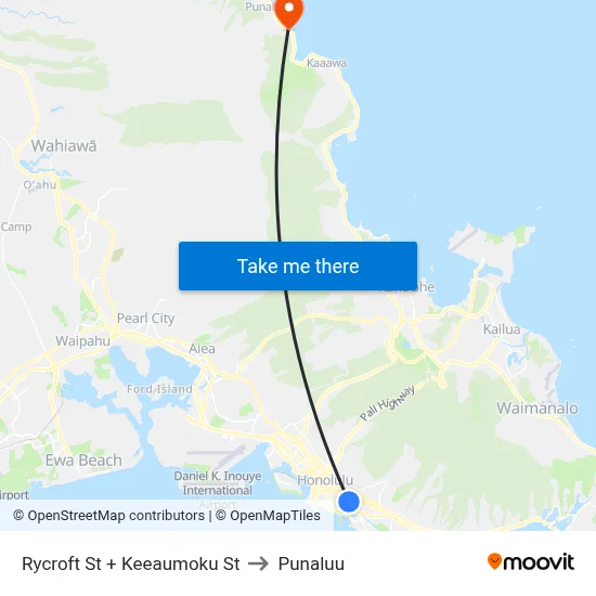 Rycroft St + Keeaumoku St to Punaluu map
