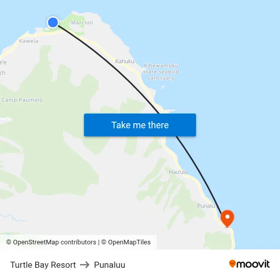 Turtle Bay Resort to Punaluu map