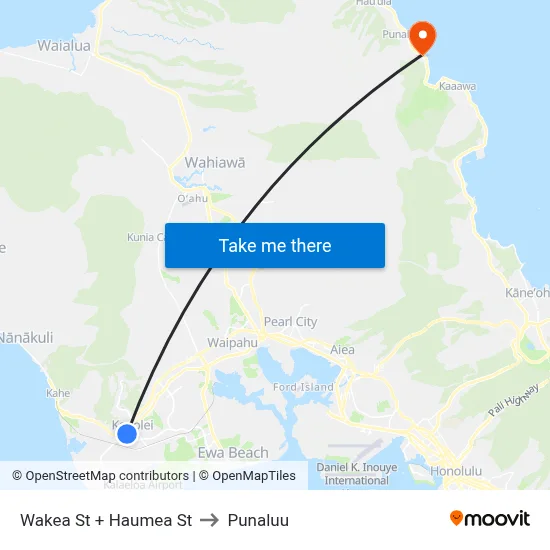 Wakea St + Haumea St to Punaluu map