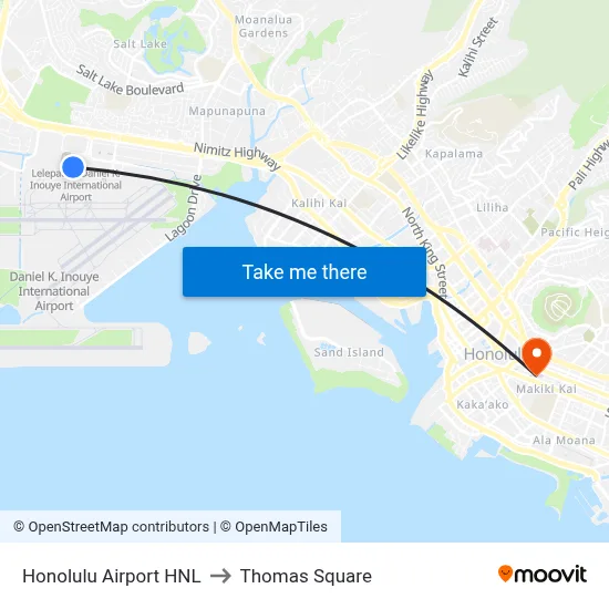 Honolulu Airport HNL to Thomas Square map