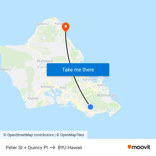 Peter St + Quincy Pl to BYU Hawaii map