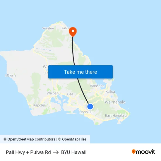 Pali Hwy + Puiwa Rd to BYU Hawaii map