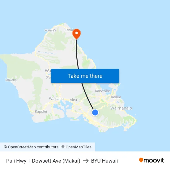 Pali Hwy + Dowsett Ave (Makai) to BYU Hawaii map