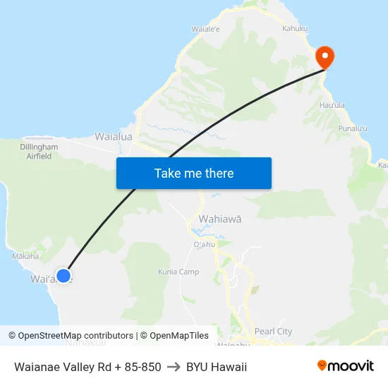 Waianae Valley Rd + 85-850 to BYU Hawaii map