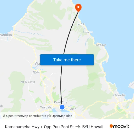 Kamehameha Hwy + Opp Puu Poni St to BYU Hawaii map