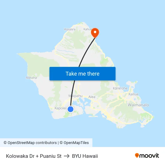 Kolowaka Dr + Puaniu St to BYU Hawaii map