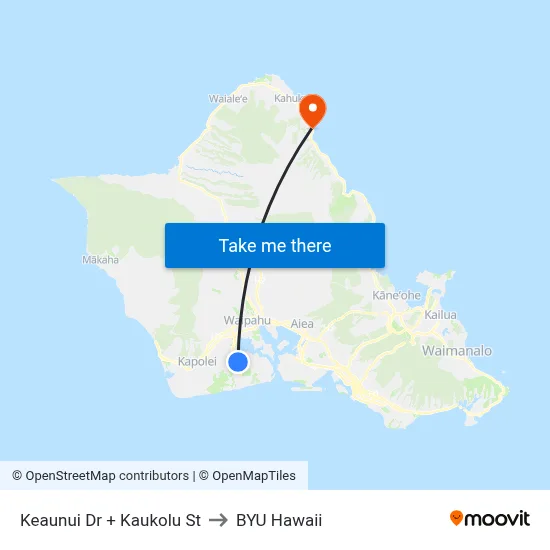 Keaunui Dr + Kaukolu St to BYU Hawaii map
