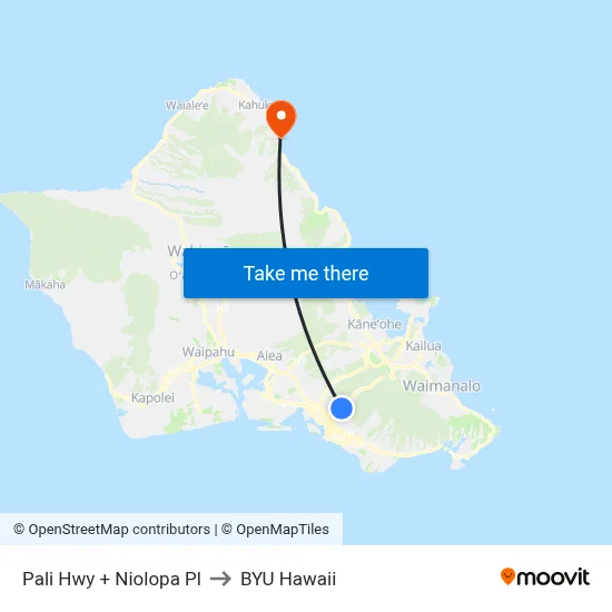 Pali Hwy + Niolopa Pl to BYU Hawaii map