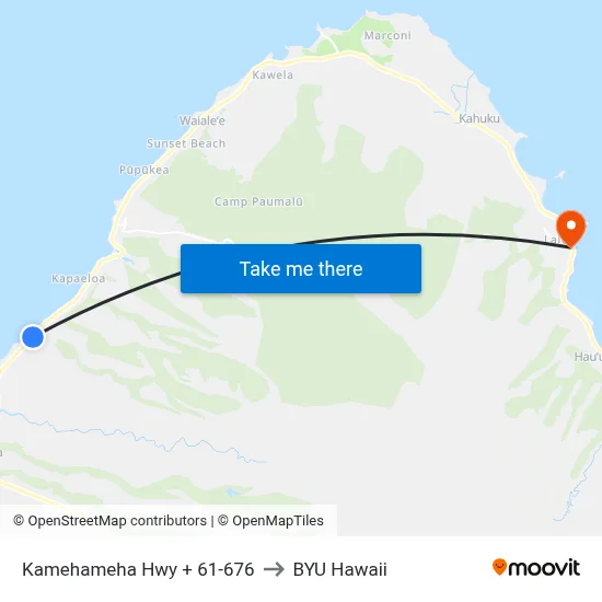 Kamehameha Hwy + 61-676 to BYU Hawaii map