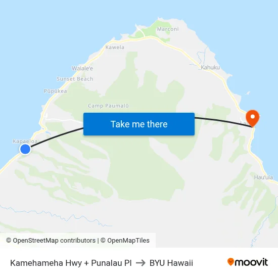 Kamehameha Hwy + Punalau Pl to BYU Hawaii map