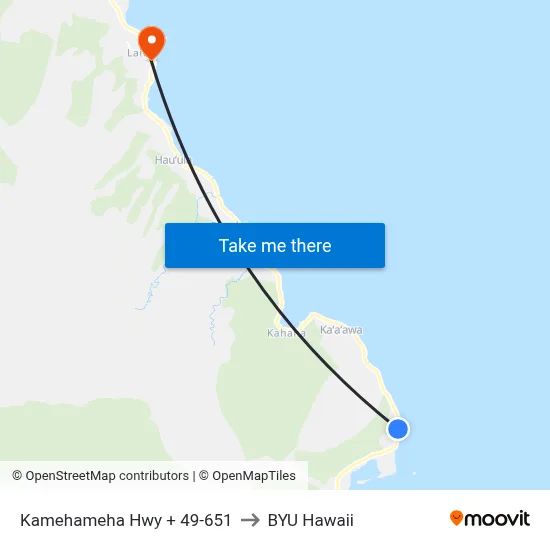 Kamehameha Hwy + 49-651 to BYU Hawaii map