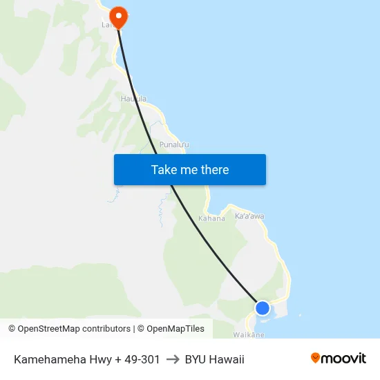 Kamehameha Hwy + 49-301 to BYU Hawaii map