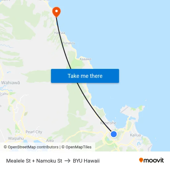 Mealele St + Namoku St to BYU Hawaii map