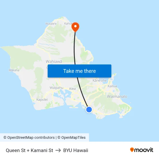Queen St + Kamani St to BYU Hawaii map