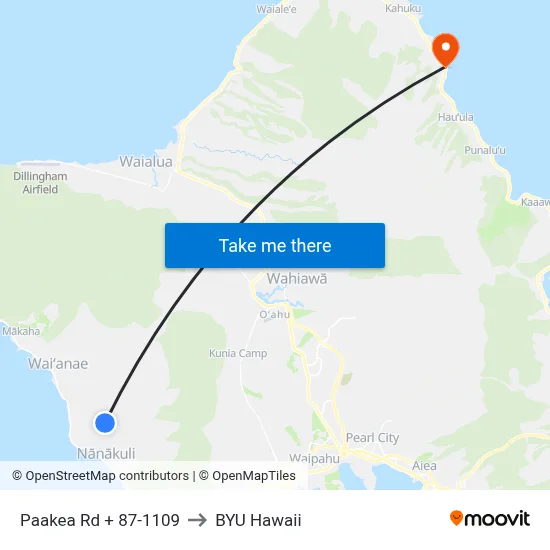 Paakea Rd + 87-1109 to BYU Hawaii map
