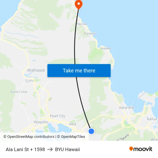 Ala Lani St + 1598 to BYU Hawaii map