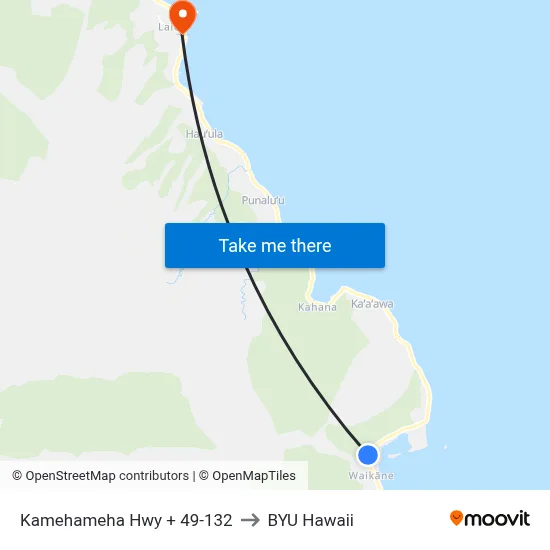 Kamehameha Hwy + 49-132 to BYU Hawaii map