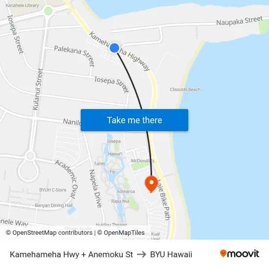 Kamehameha Hwy + Anemoku St to BYU Hawaii map