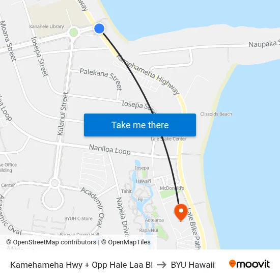 Kamehameha Hwy + Opp Hale Laa Bl to BYU Hawaii map
