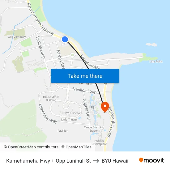 Kamehameha Hwy + Opp Lanihuli St to BYU Hawaii map