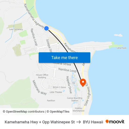 Kamehameha Hwy + Opp Wahinepee St to BYU Hawaii map