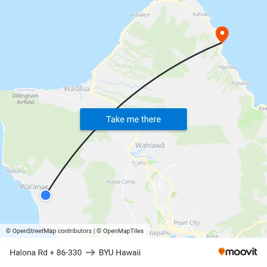 Halona Rd + 86-330 to BYU Hawaii map