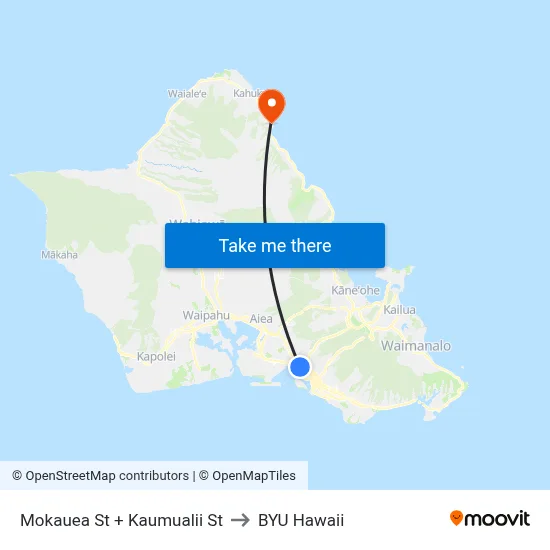 Mokauea St + Kaumualii St to BYU Hawaii map