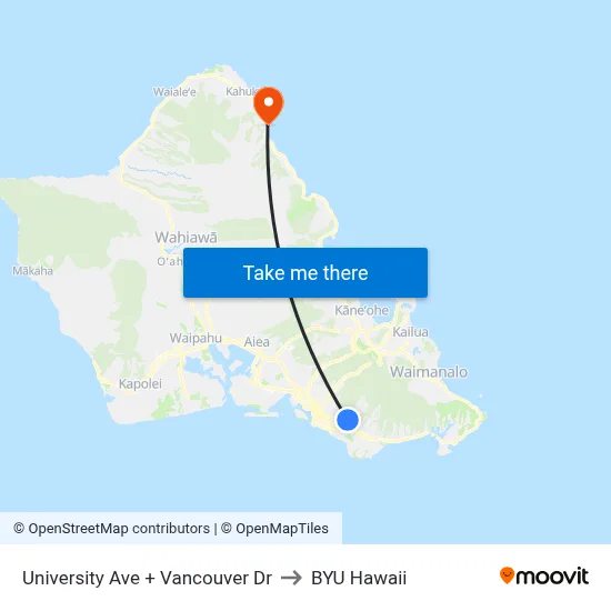 University Ave + Vancouver Dr to BYU Hawaii map