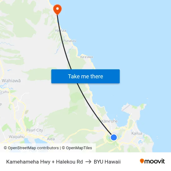 Kamehameha Hwy + Halekou Rd to BYU Hawaii map