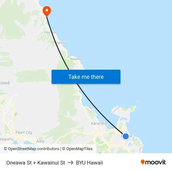 Oneawa St + Kawainui St to BYU Hawaii map