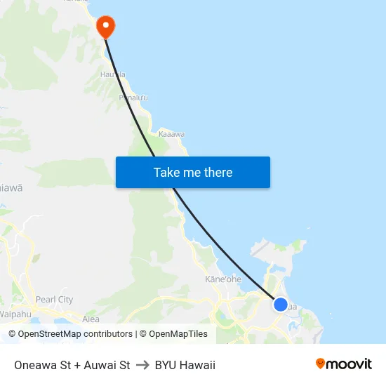 Oneawa St + Auwai St to BYU Hawaii map