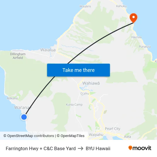 Farrington Hwy + C&C Base Yard to BYU Hawaii map