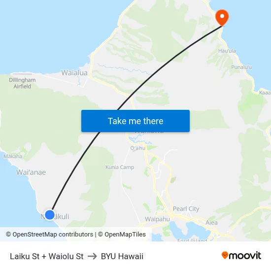 Laiku St + Waiolu St to BYU Hawaii map