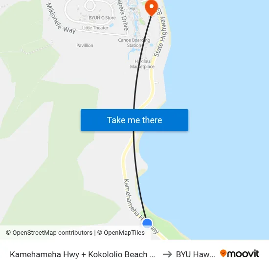 Kamehameha Hwy + Kokololio Beach Park to BYU Hawaii map