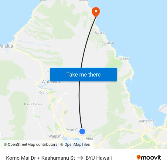 Komo Mai Dr + Kaahumanu St to BYU Hawaii map