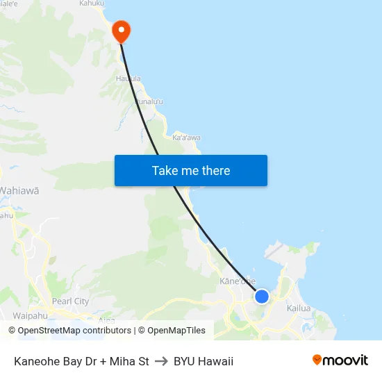 Kaneohe Bay Dr + Miha St to BYU Hawaii map