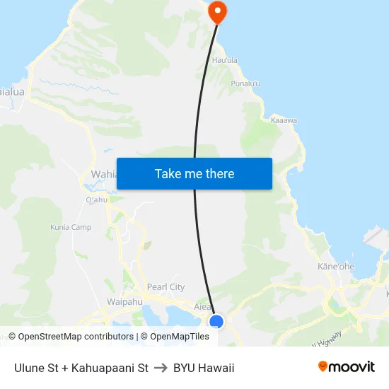 Ulune St + Kahuapaani St to BYU Hawaii map