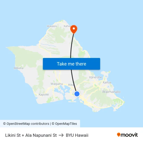 Likini St + Ala Napunani St to BYU Hawaii map
