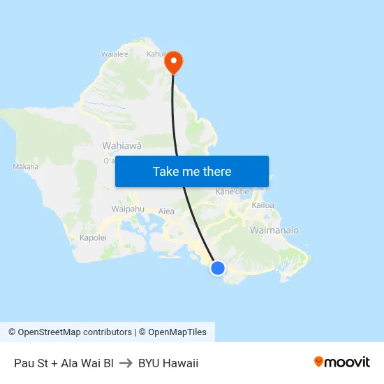 Pau St + Ala Wai Bl to BYU Hawaii map