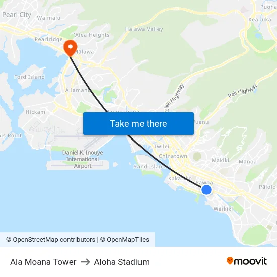 Ala Moana Tower to Aloha Stadium map