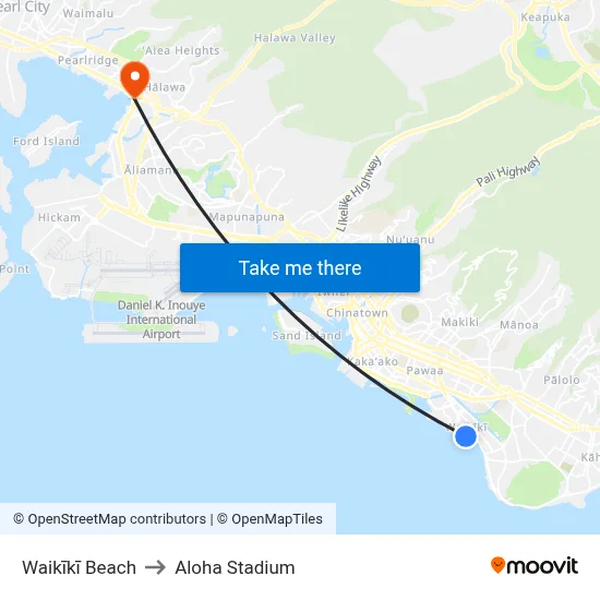 Waikīkī Beach to Aloha Stadium map