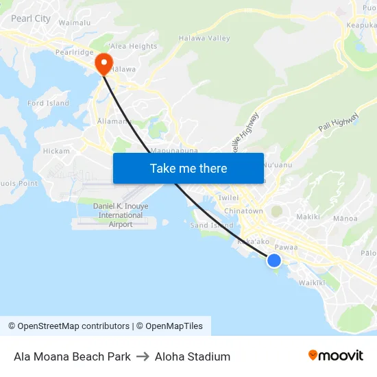 Ala Moana Beach Park to Aloha Stadium map