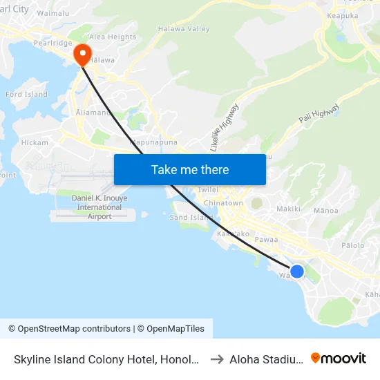 Skyline Island Colony Hotel, Honolulu to Aloha Stadium map