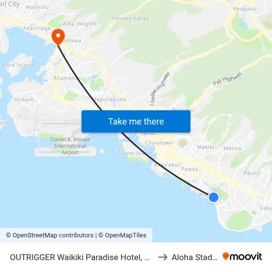 OUTRIGGER Waikiki Paradise Hotel, Honolulu to Aloha Stadium map