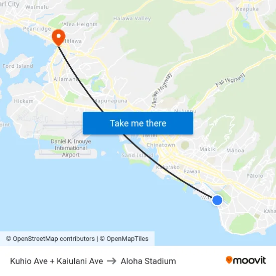 Kuhio Ave + Kaiulani Ave to Aloha Stadium map