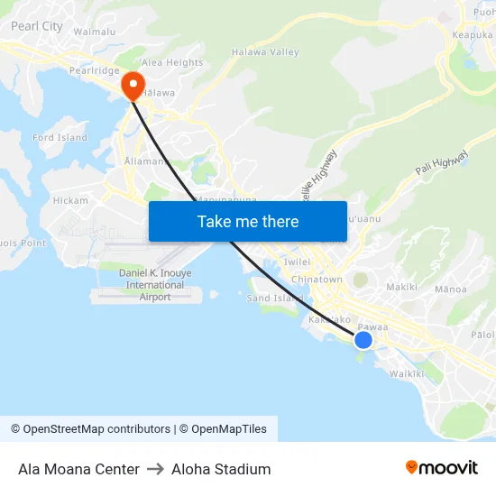 Ala Moana Center to Aloha Stadium map